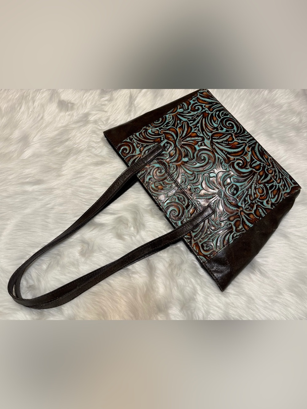 Patricia Nash Hand-Tooled Brown and Turquoise Leather Tote Bag with Zipper